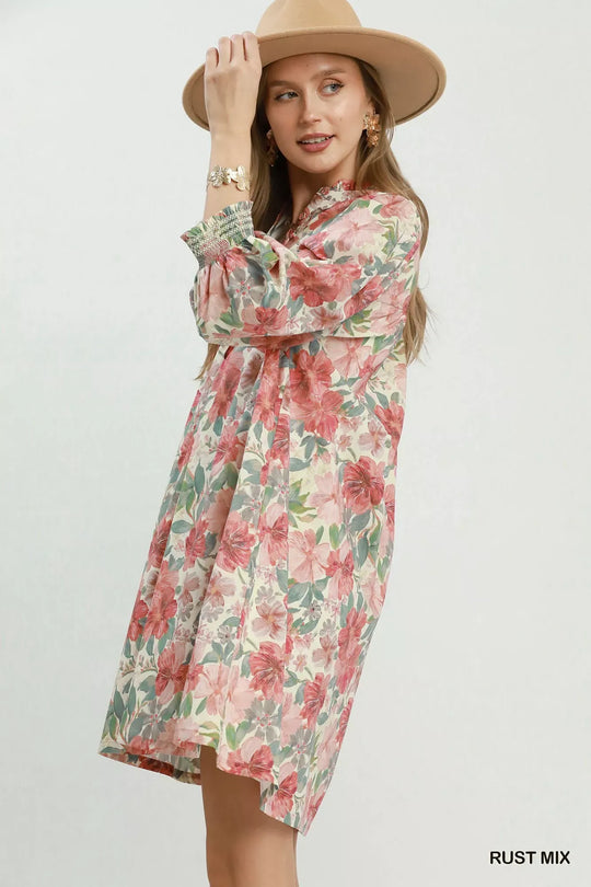 Another view: Umgee Mix Floral Print Smocked Cuff Mini Dress