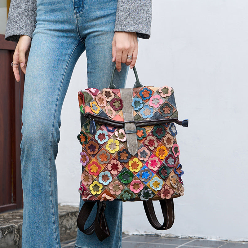 Colorful Plaid Floral Patchwork Genuine Leather Crossbody Bag for Women