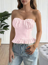 Ruched-bust ruffle-hem strapless top