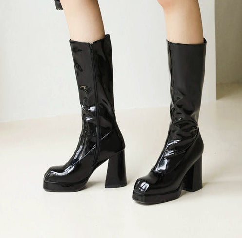 Women's Chunky Heel Mid-Calf Boots | Square Toe Side Zipper High Heel Boots