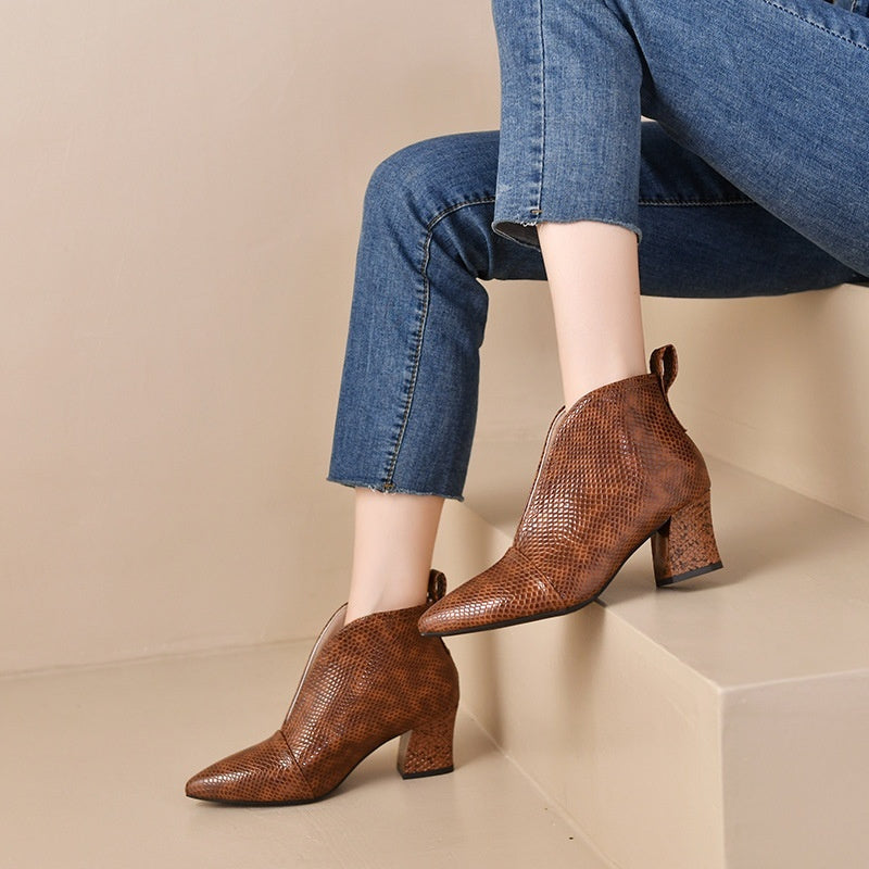 Women's Chunky Heel Martin Ankle Boots – Pointed Toe V-Cut Slip-On
