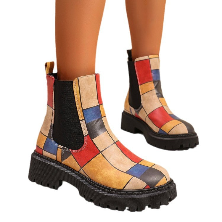 Women's Color Block Mid-Calf Boots - High Heel Slip-On Shaft Boots