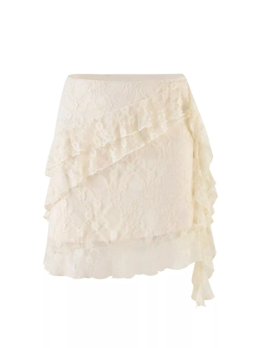 Milky-White Ruffled Floral-Lace Mini Skirt