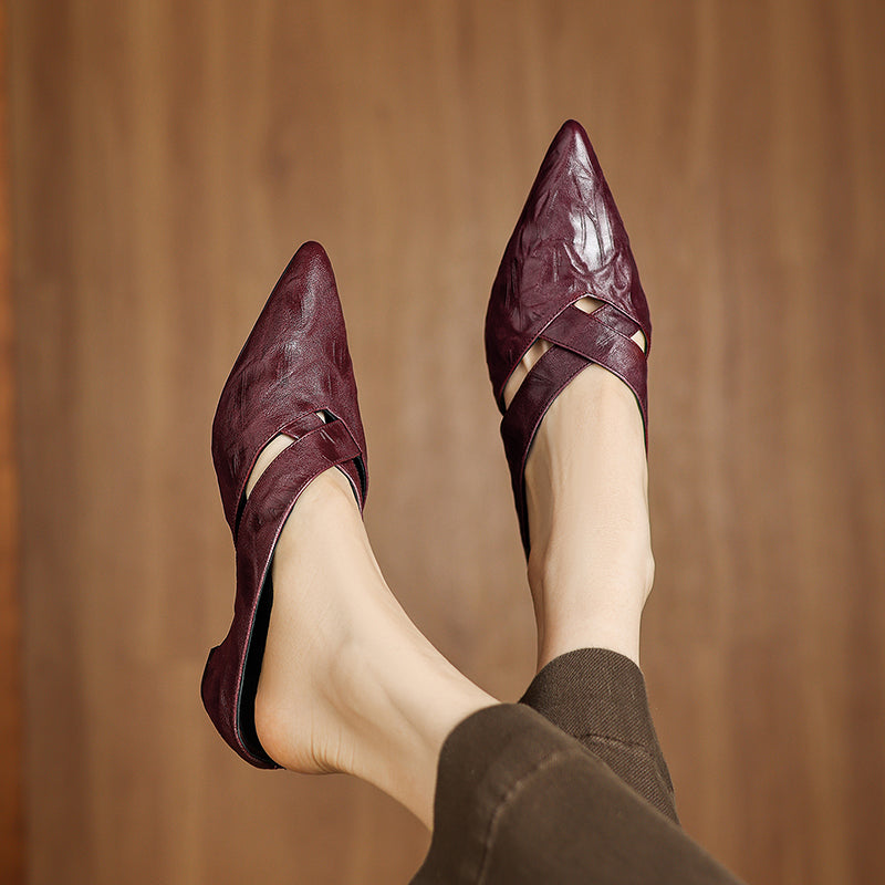 Women's Lambskin Pointed Toe Mules | Crisscross Low Heel Leather Slides