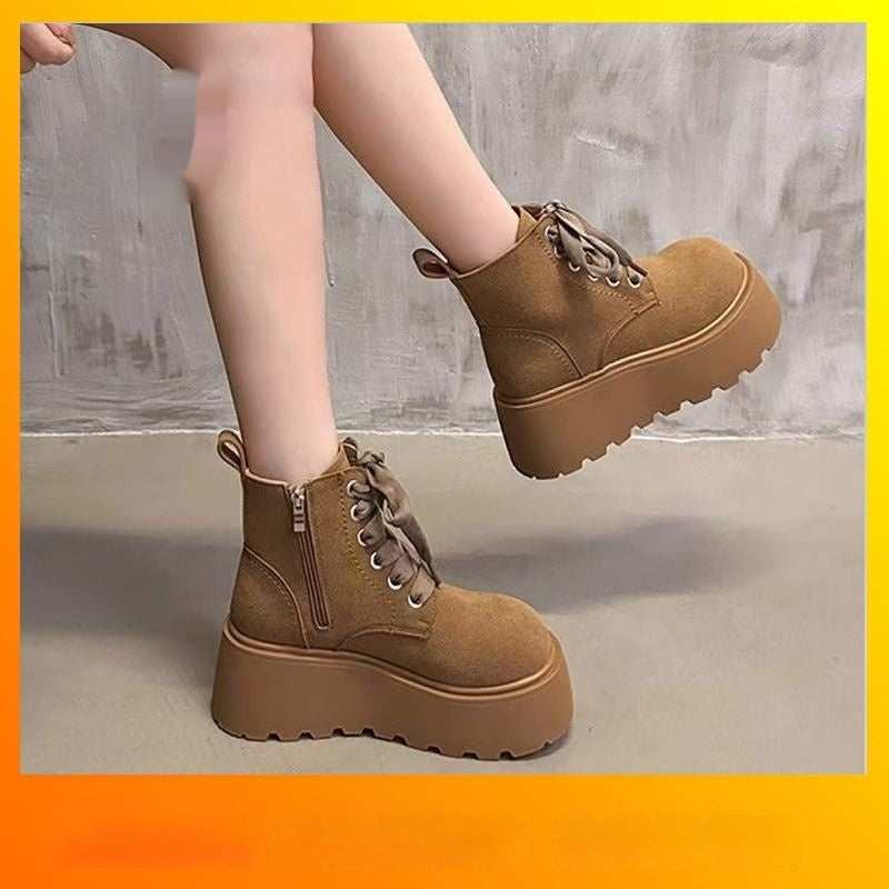 Women's Chunky-Sole Vintage Lace-Up Mid-Calf Boots | PU Leather Round Toe Flat Boots