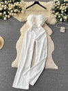 Feather-trim strapless belted wide-leg jumpsuit