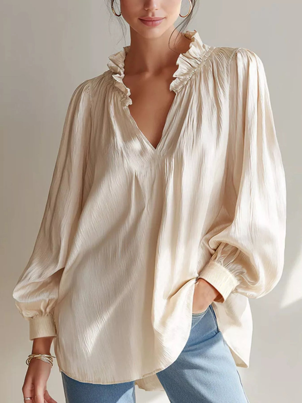 Frill-Trim Notched Long-Sleeve Blouse