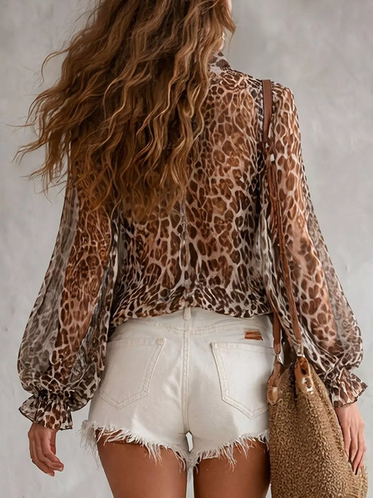 Another view: Women's Leopard Chiffon Tie-Neck Blouse