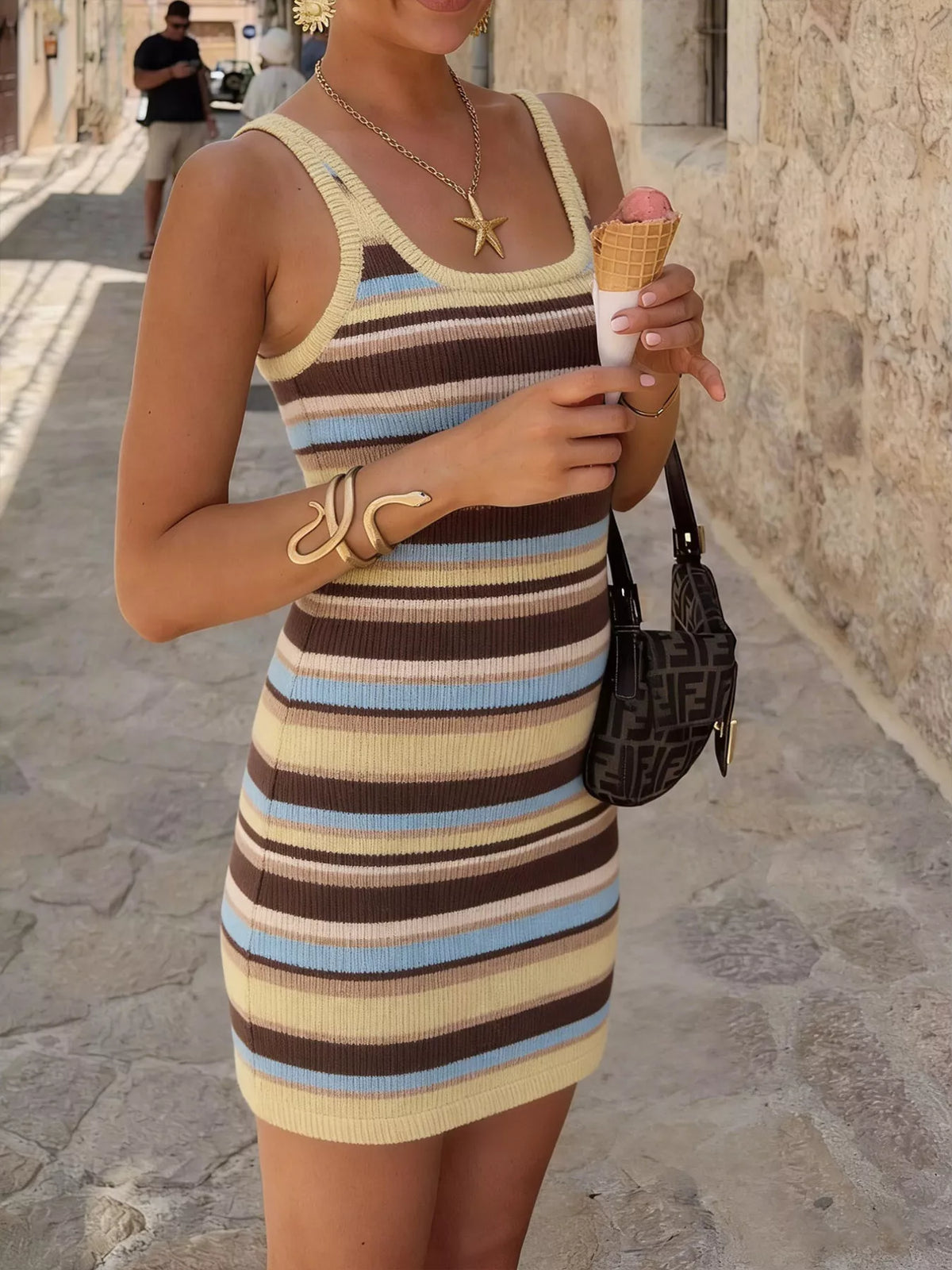 Striped Scoop-Neck Knit Mini Dress