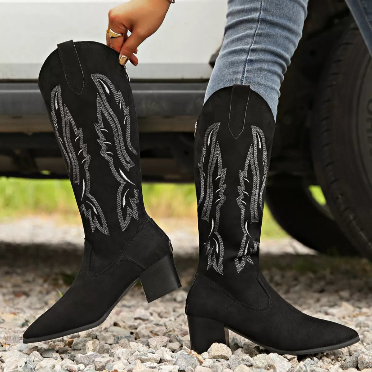 Women's Point Toe Block Heel Boots – Suede Mid Heel Ankle Boots