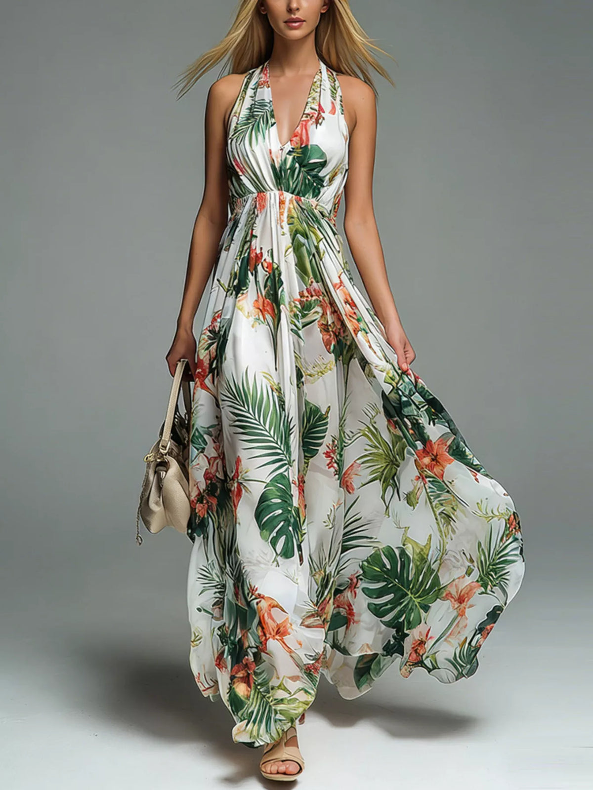 Women's Halter-Neck Printed Flowy Maxi Dress
