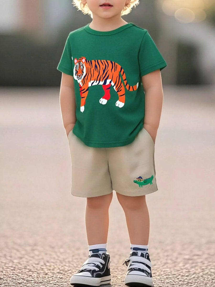 Kids' Tiger Graphic Cotton T-Shirt – Dark Green