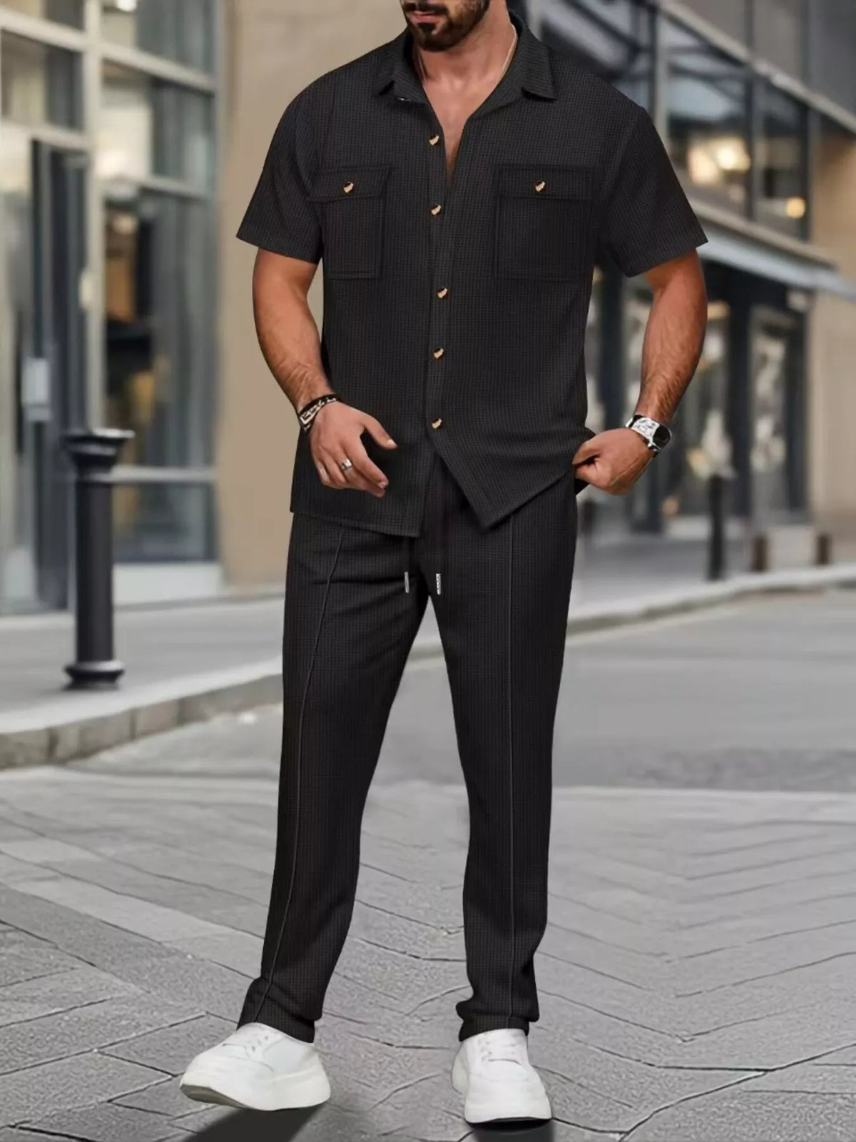 Men's Full Size Casual Short Sleeve Shirt and Pants Set Plus Size