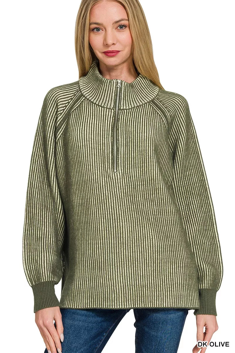 Ribbed Two Tone Half Zip Sweater
