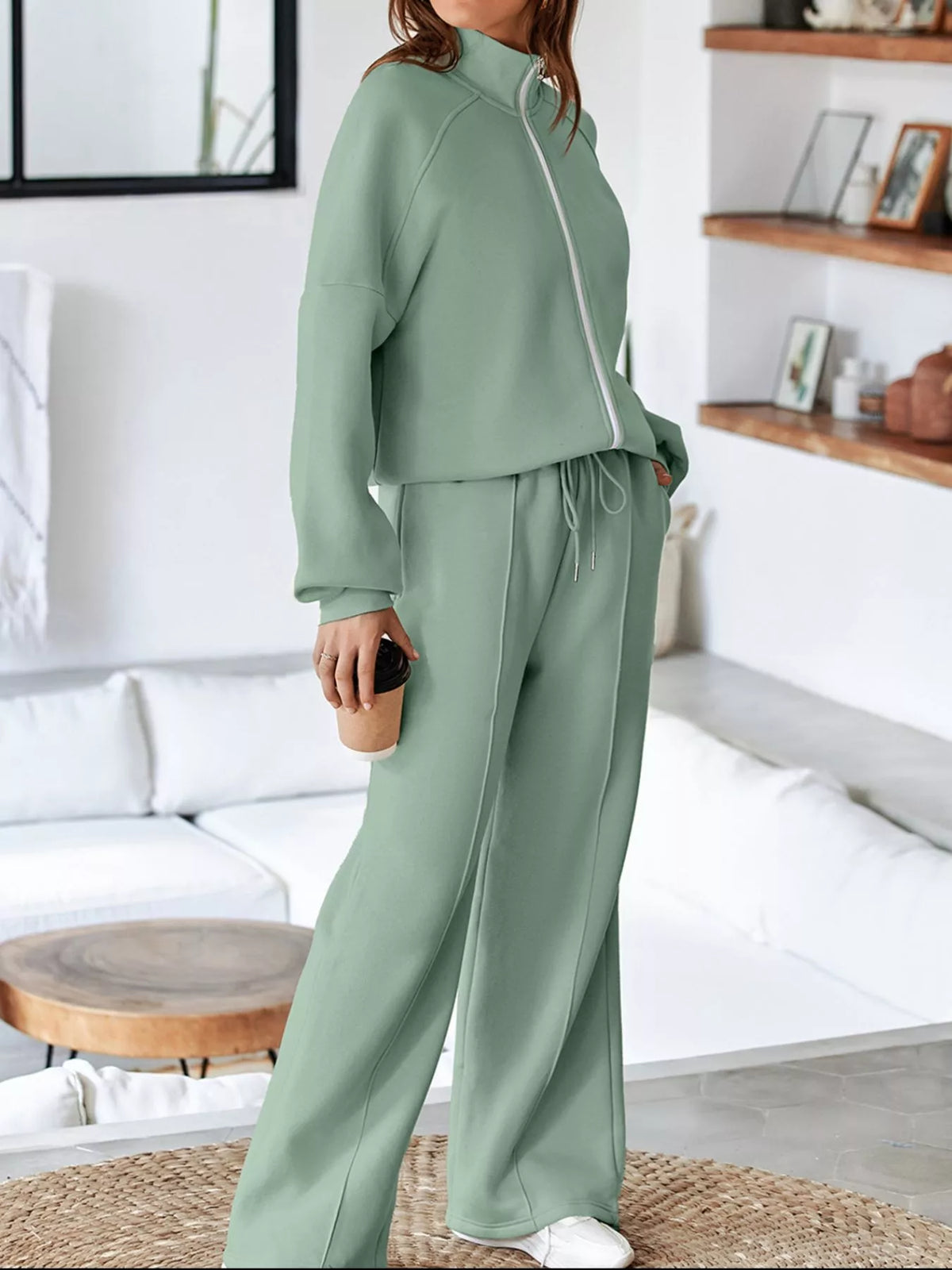 Drop Shoulder Zip-Up Jacket & Drawstring Pants Active Set