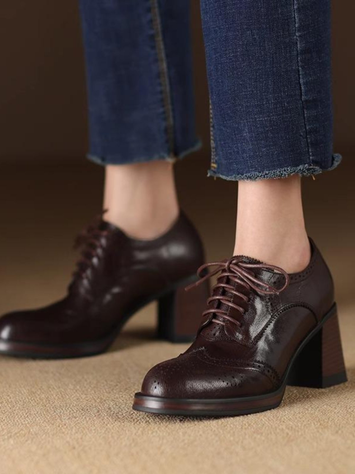 Women's British-Style Round-Toe Chunky Heel Pumps | Cross-Tie Strap Dress Shoes