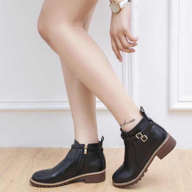 Women's Low Heel Buckle Ankle Boots – PU Leather Side Zipper Round Toe Winter Boots