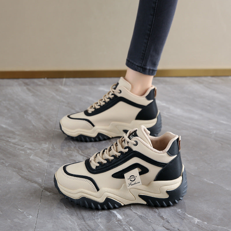 Korean Style Women's Casual High-Top Dad Shoes | Lace-Up Synthetic Leather Sneakers
