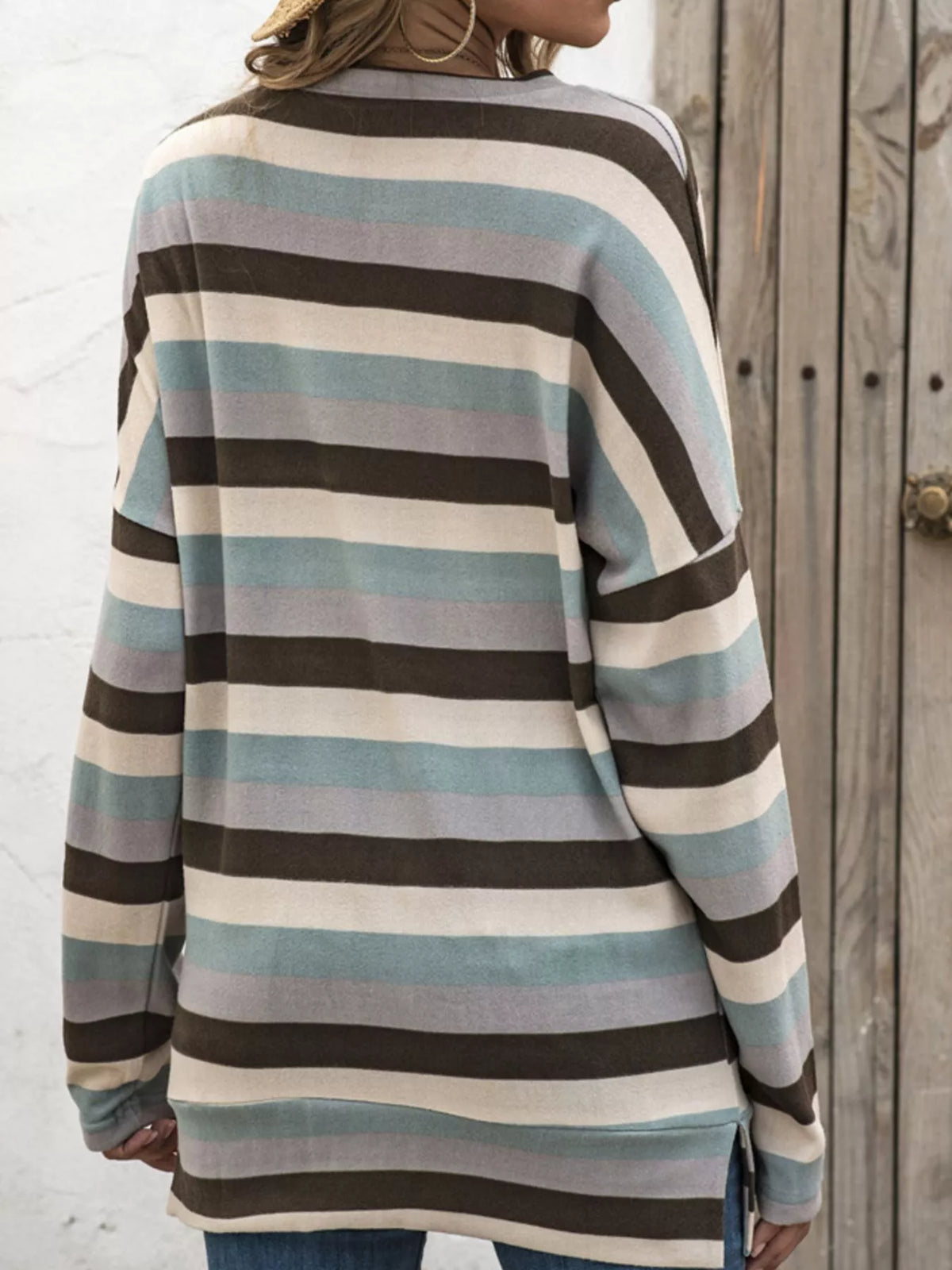 Casual Striped Long-Sleeve Crew Neck Top Plus