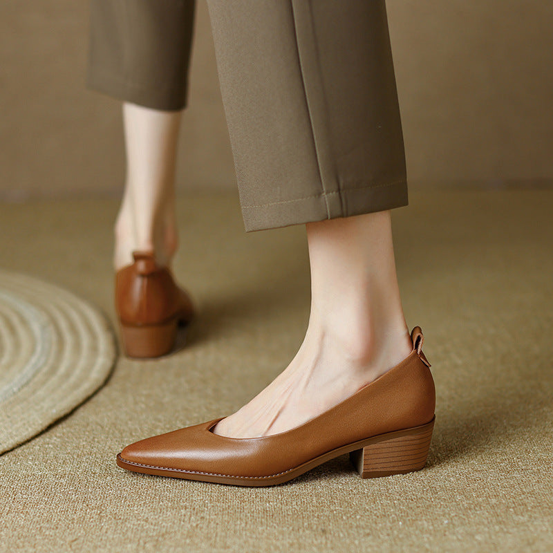 Women's Sheepskin Chunky Heel Slip-On Shoes | Pointed Toe Low Heels