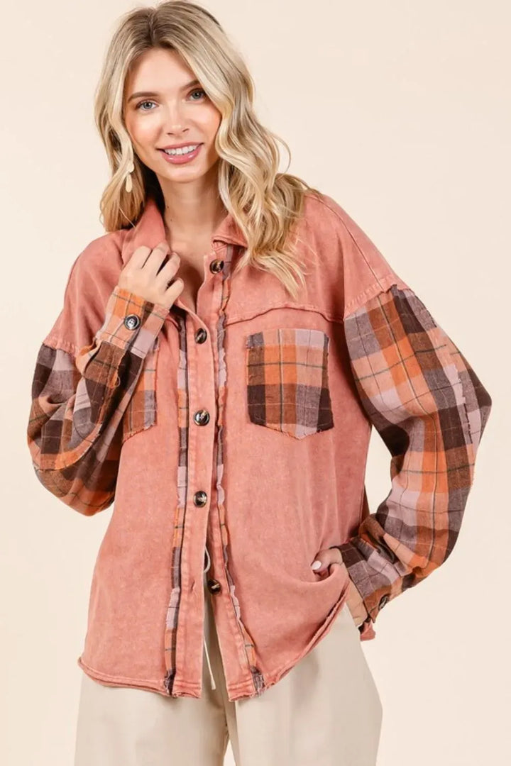 Button-Down Contrast Plaid Patchwork Shacket