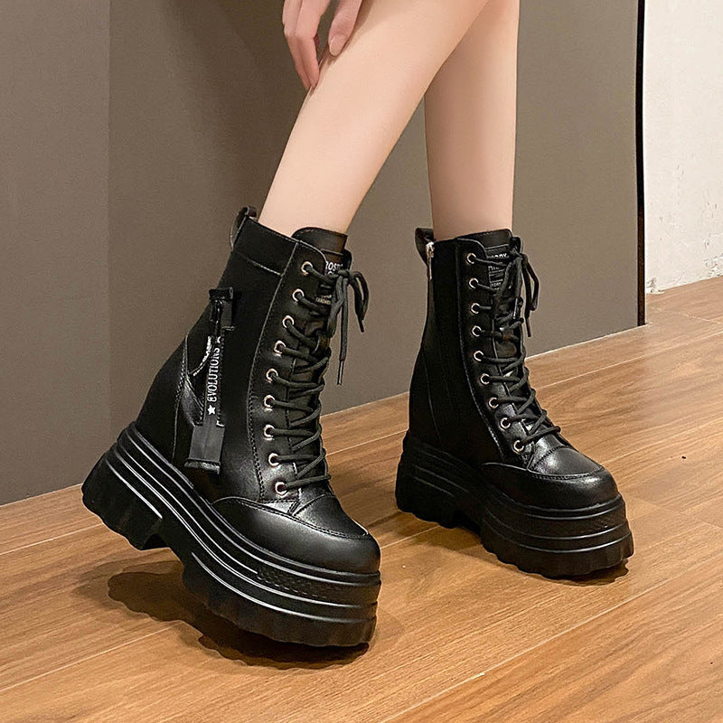 Women's High-Top Ankle Boots | Chunky Heel Side Zipper Lace-Up | Non-Slip Rubber Sole | Black & Beige
