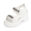 Women's Rhinestone Lettered Wedge Heel Sandals – Velcro Casual Platform Sandals in White & Black