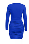 Blue ruched cowl-neck long-sleeve mini dress, back view