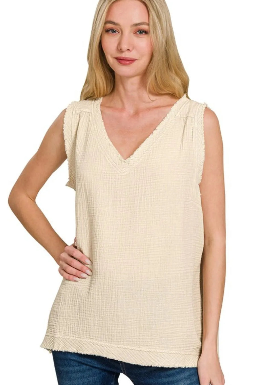 Double Gauze Raw Edge Acid Washed Tank — Sand Beige
