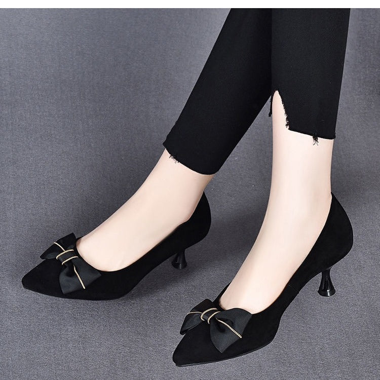Women's Korean-Style Pointed Toe Stiletto Pumps with Bow Detail | Matte Finish