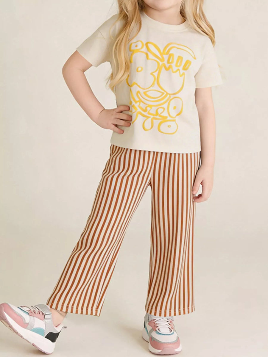 Kids' Graphic Tee & Striped Pants Set – Tan