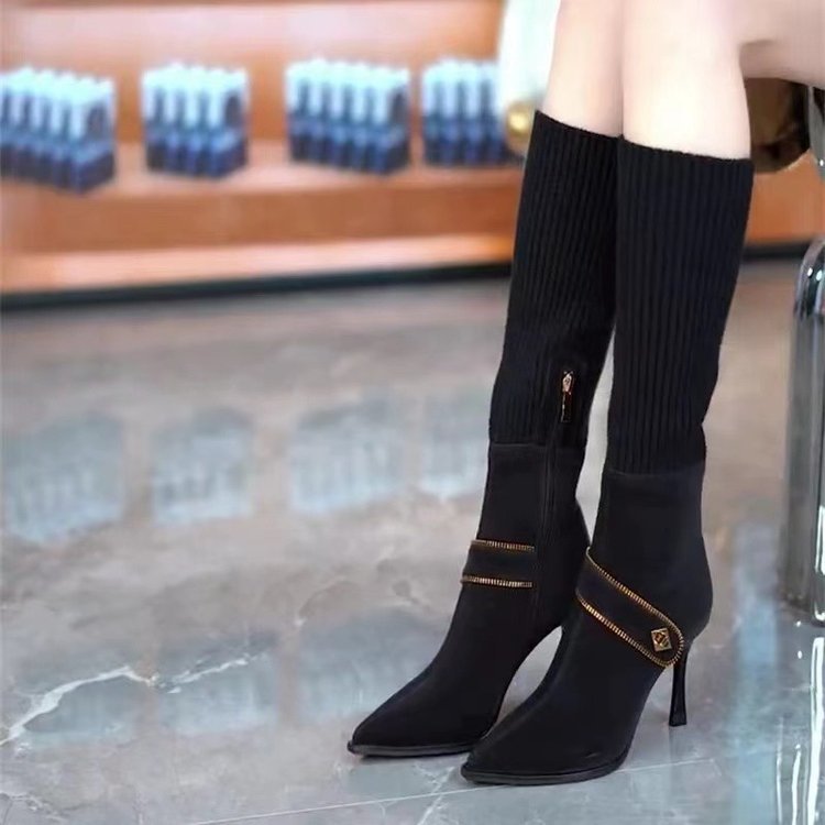 Women's Over-the-Knee Stiletto Boots | Stretchy Knit Pointed Toe Side Zipper
