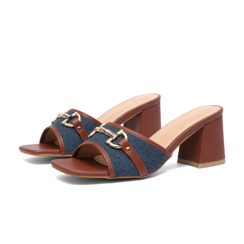 Women's Chunky Heel Square-Toe Slip-On Sandals | PU Upper Brown Platform