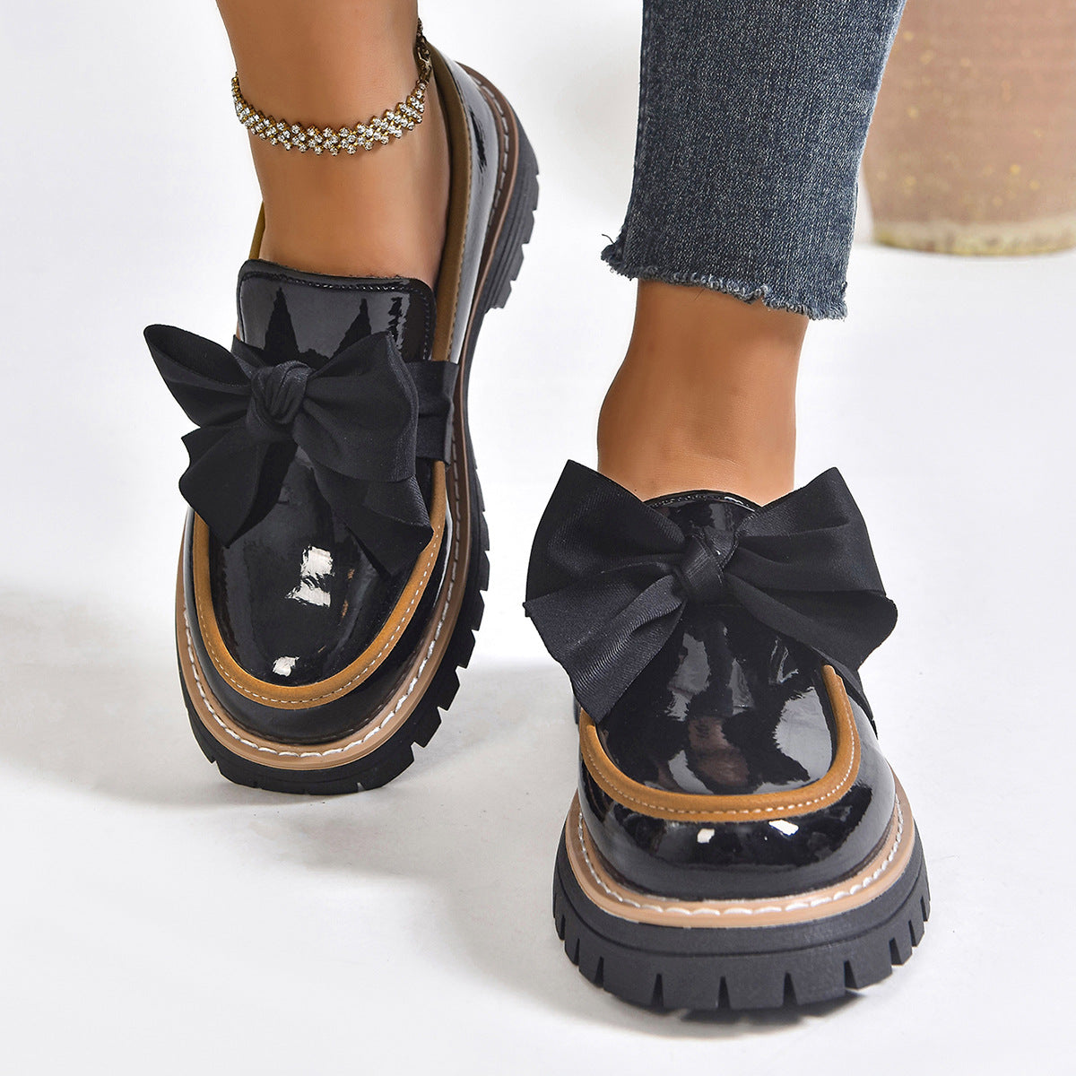 Women's Patent Leather Chunky Heel Loafers | Color-Block Slip-On Shoes EU 36–43