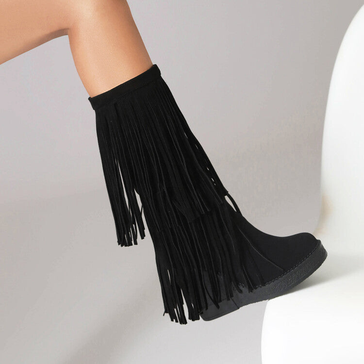 Women's Tassel Wedge Boots | High-Heel Thick-Soled Retro Fashion Boots | Black Brown Yellow