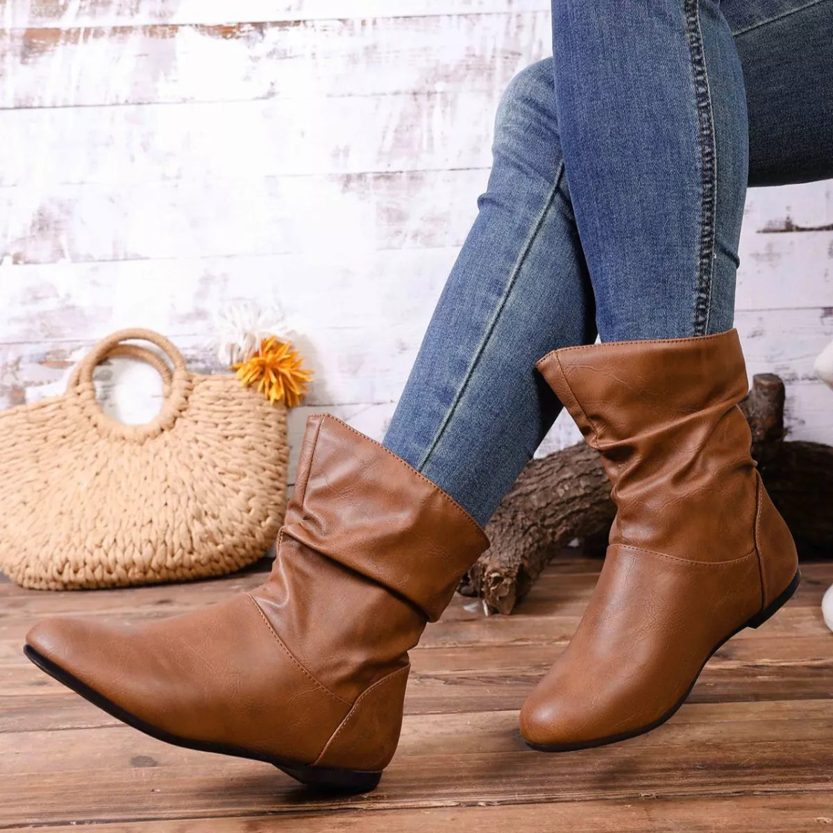 Women's Flat Ankle Boots – Wrinkled PU Leather Side Zipper | Black & Brown