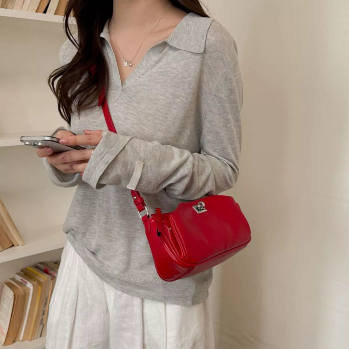 Red Small PU Leather Shoulder Bag