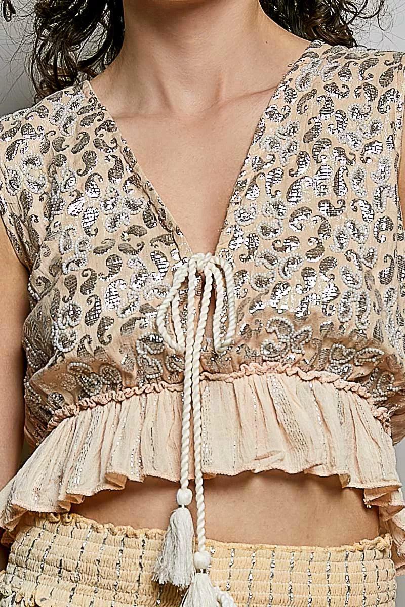 POL Shimmer Tie-Front Ruffle Crop Top