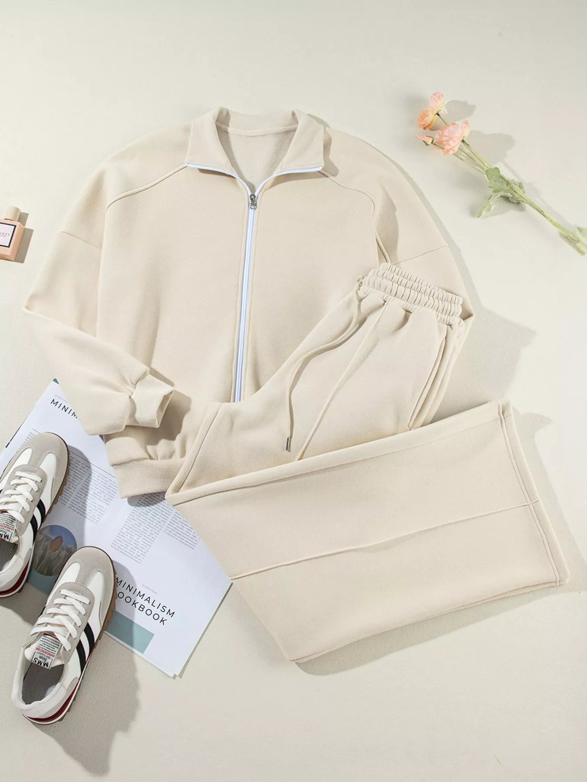 Drop Shoulder Zip-Up Jacket & Drawstring Pants Active Set