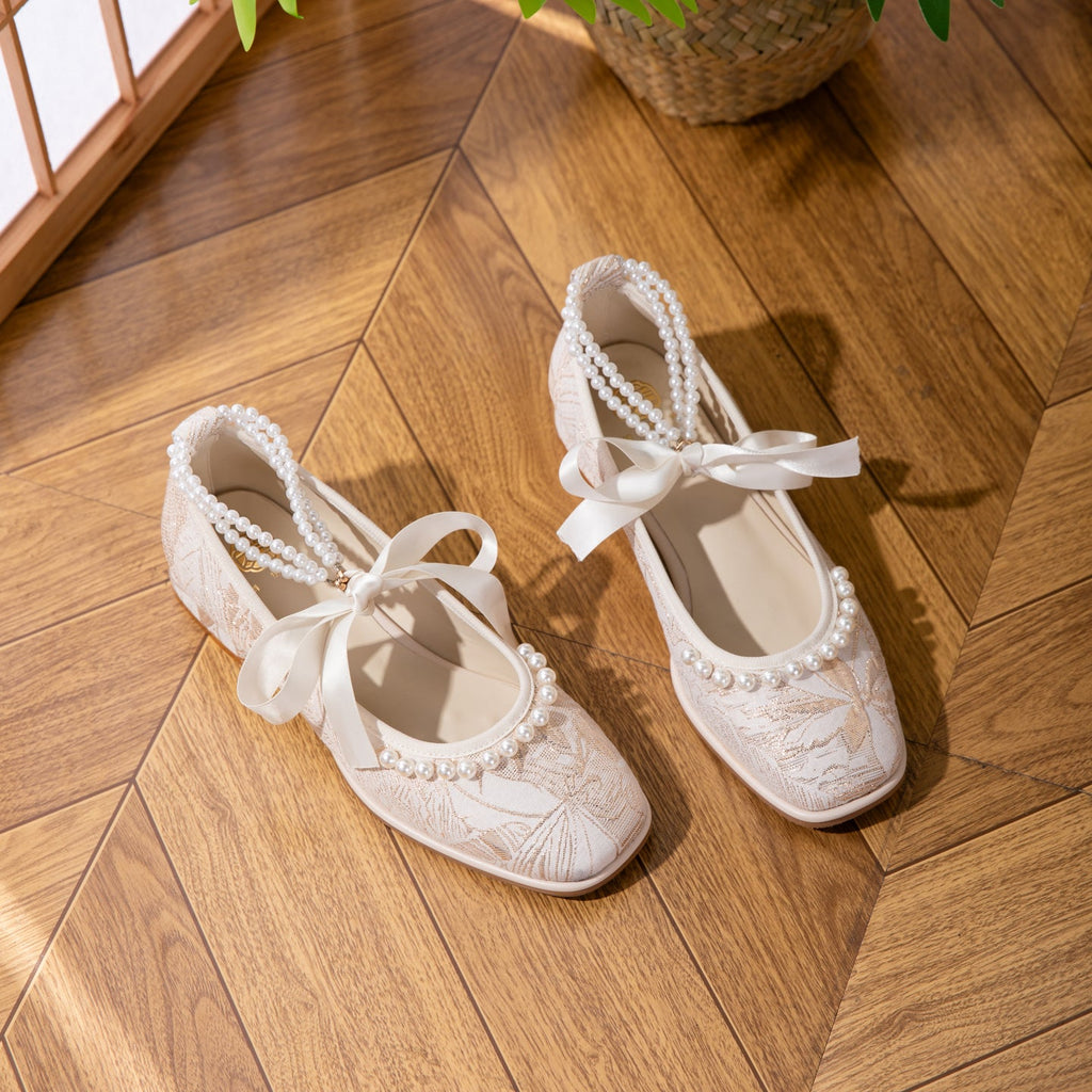 Women's Jacquard Mary Jane Low Heel Shoes | Pearl Ribbon Bow Square Toe Wedding Flats