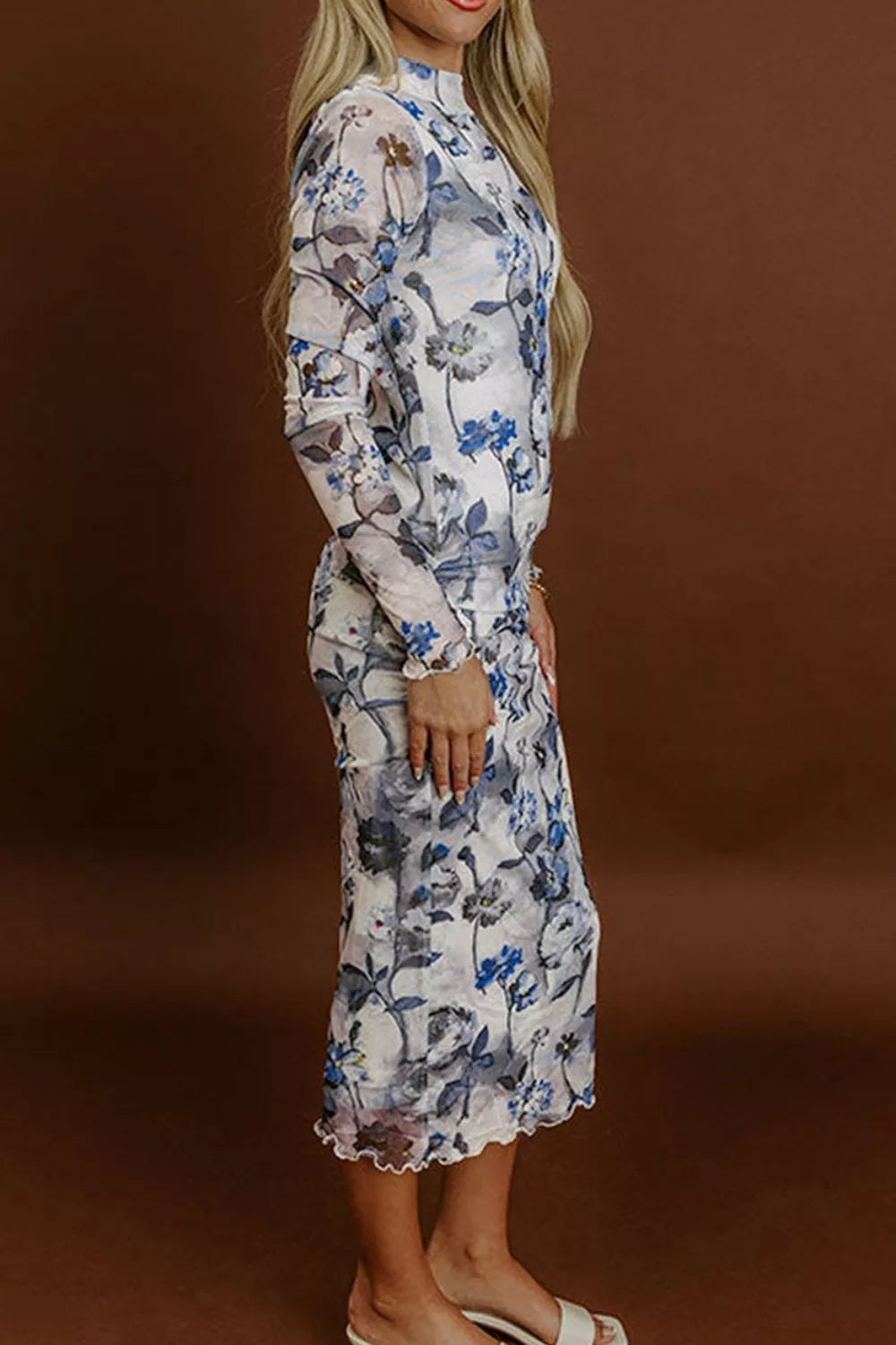 Light Blue Floral Long-Sleeve Sheath Midi Dress