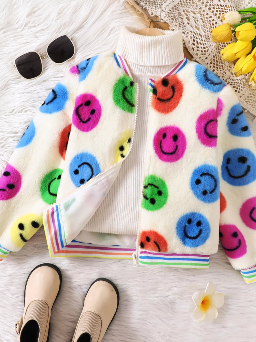 Scout Club Cheerful Smiley Face Print Plush Jacket
