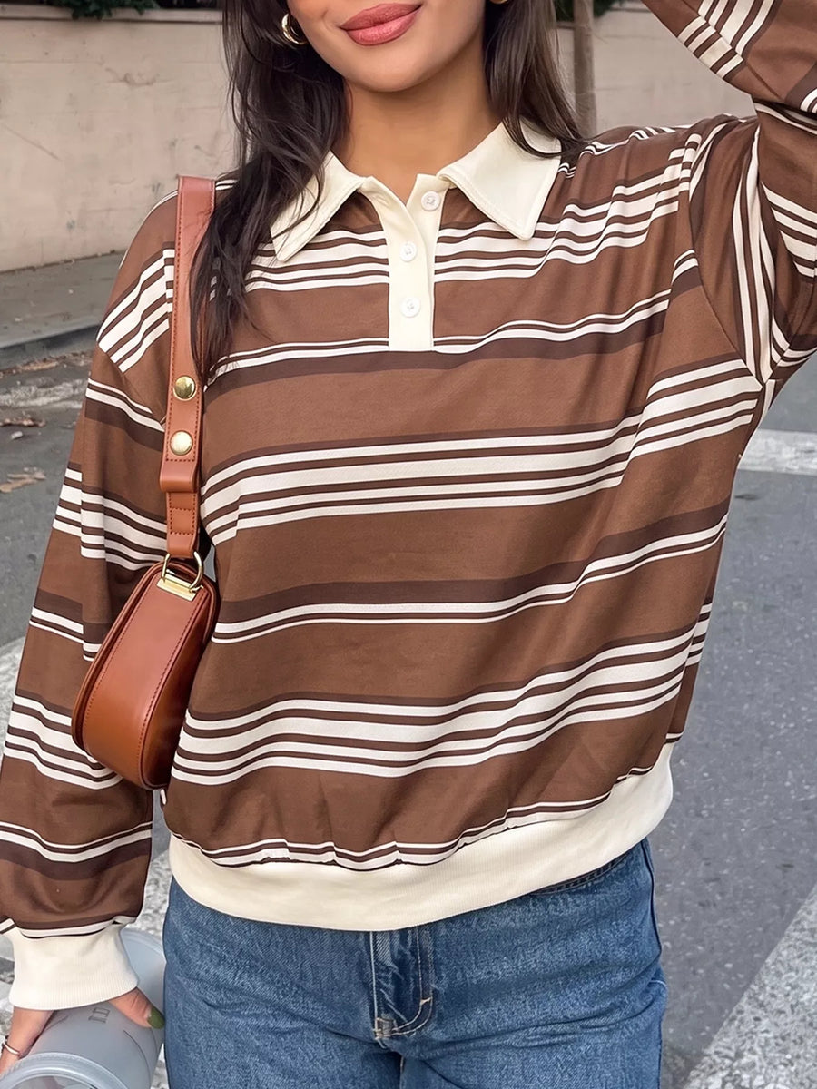 Striped Drop-Shoulder Button-Detail Sweatshirt — Coffee Brown