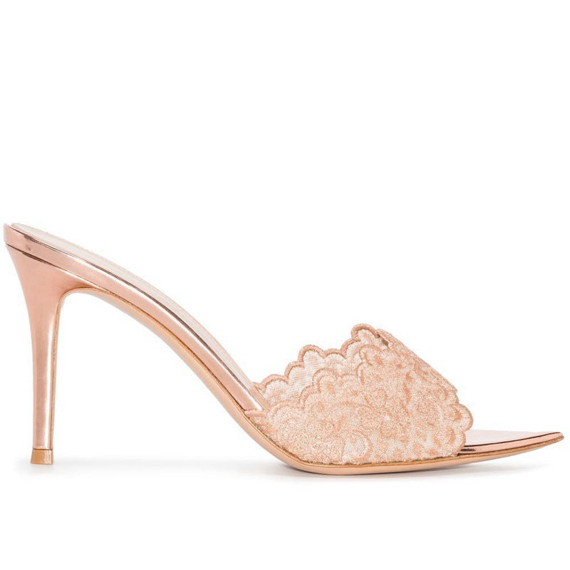 Pointed-Toe Stiletto Heel Lace Mules