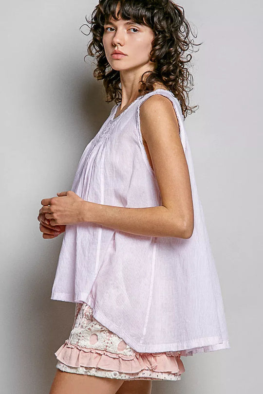 Another view: POL POL Round Neck Sleeveless Striped Pleated Cotton Top