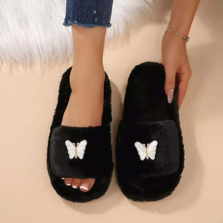 Butterfly Open-Toe Faux Fur Slippers