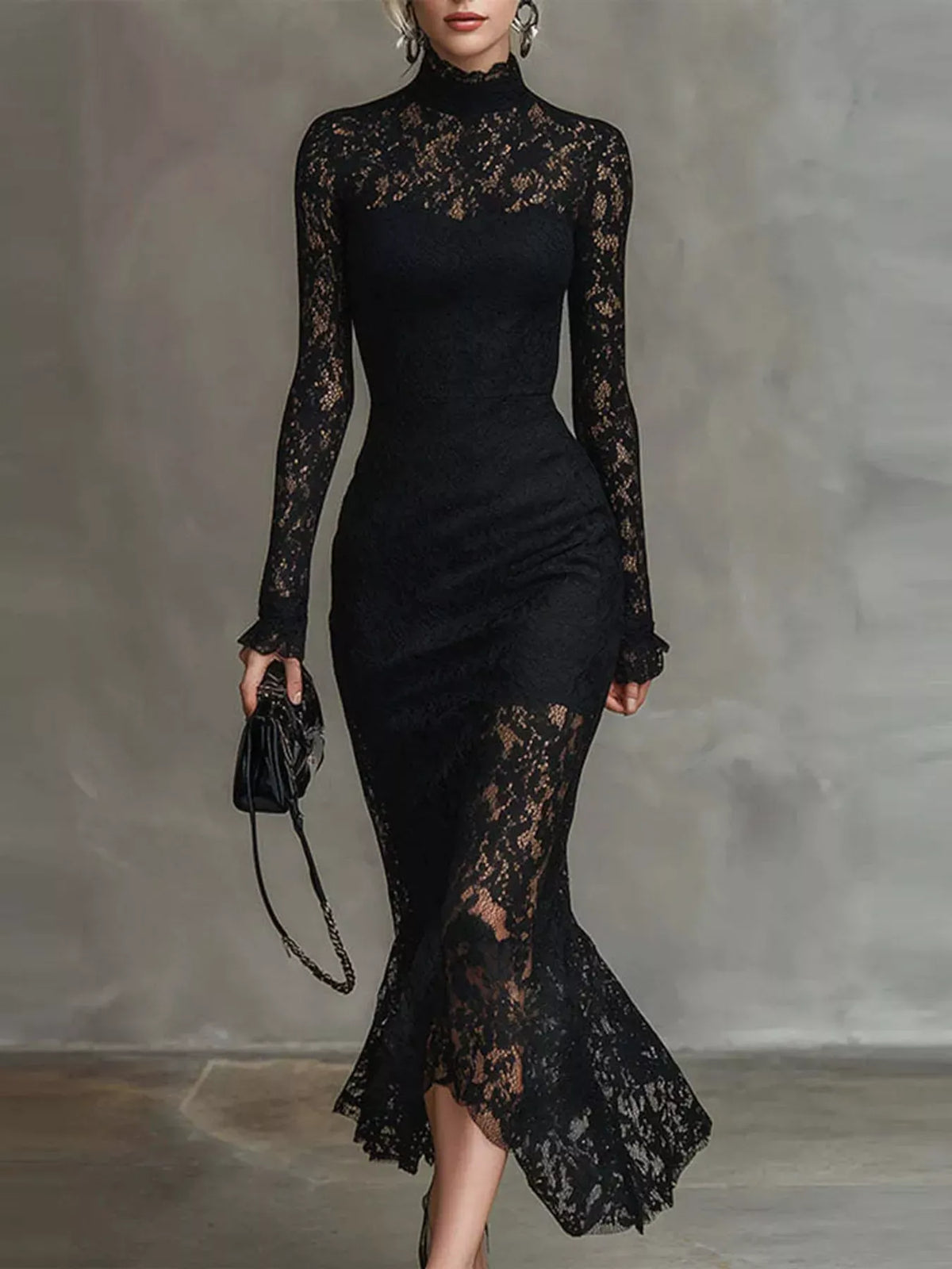 Women's Lace Mock-Neck Mermaid Midi Dress — photo 1