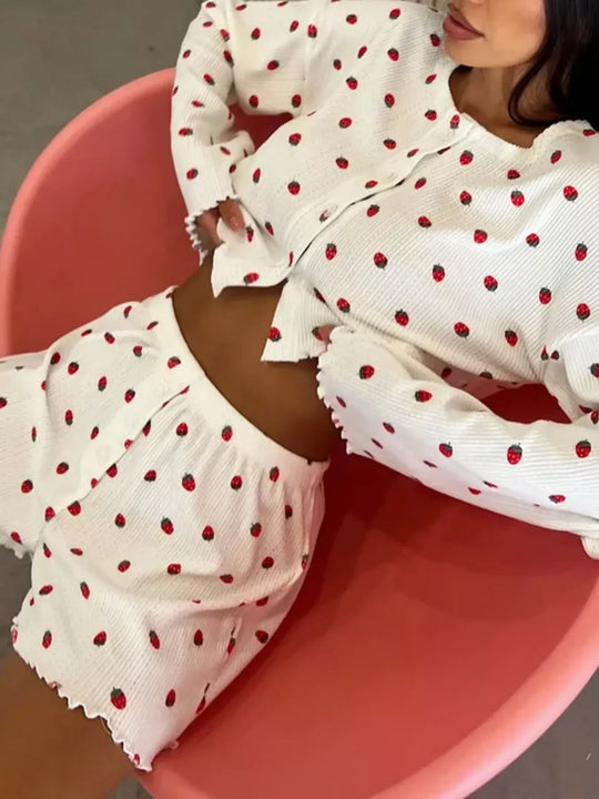 Another view: Strawberry Button-Down Top & Shorts Lounge Set — Beige