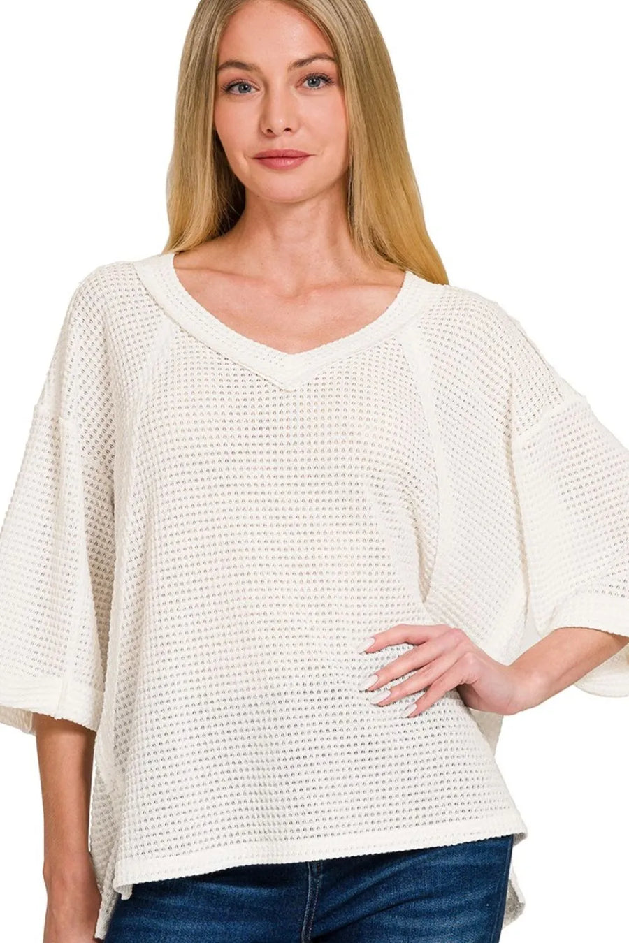 Brushed Waffle Exposed-seam 3/4 Sleeve Top