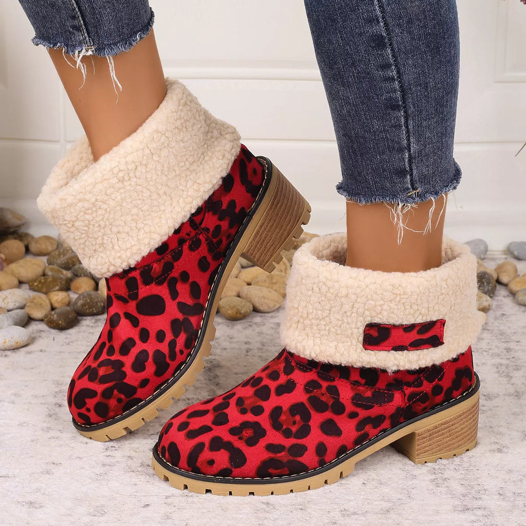 Women's Leopard Print Plush Lined Boots | Mid Heel Slip-On Suede Boots with Warm Faux Fur Lining